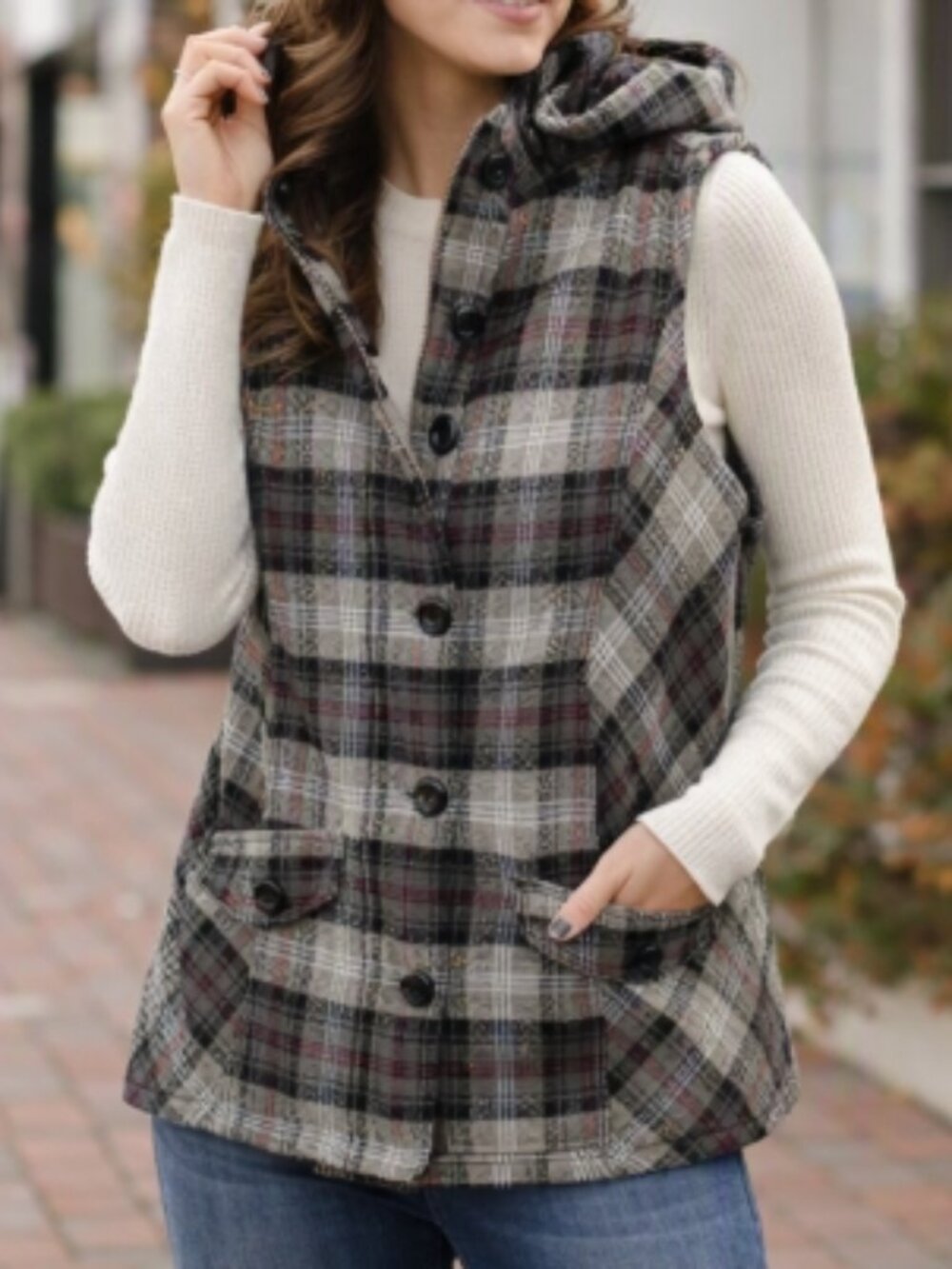Sonoma Life + Style Gray Plaid Hooded Zip Button Vest M Cozy Fall Layer Rustic